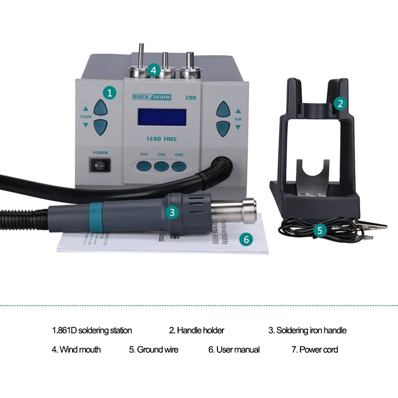 

QUICK 861DW 220V 1000W Digital Display Lead-free Intelligent Hot Air Gun Desoldering Station For PCB Chip Repair Rework Station