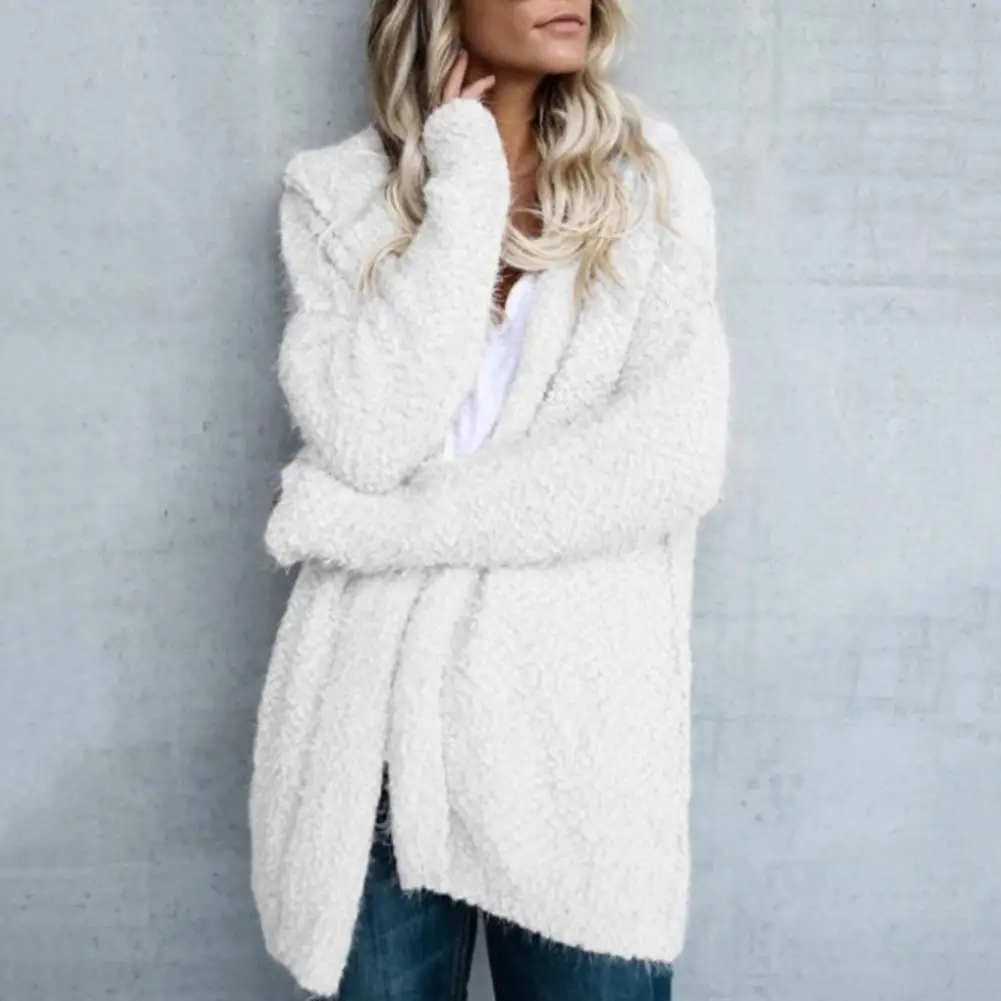 

Autumn Winter Coat Women Loose Solid Color Hooded Cardigan Long Sleeve Open Front Knitted Outwear High Quality Warm Jacket Coats