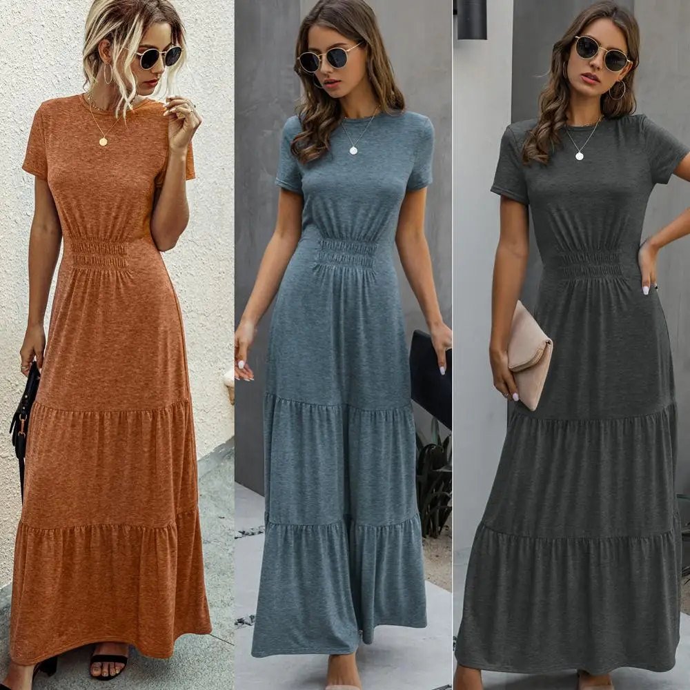 

Casual Maxi Dress Women Elegant O Neck Short Sleeve Long Dress Summer Solid Draped High Waist Ruffle Party Dresses Robe Vestidos