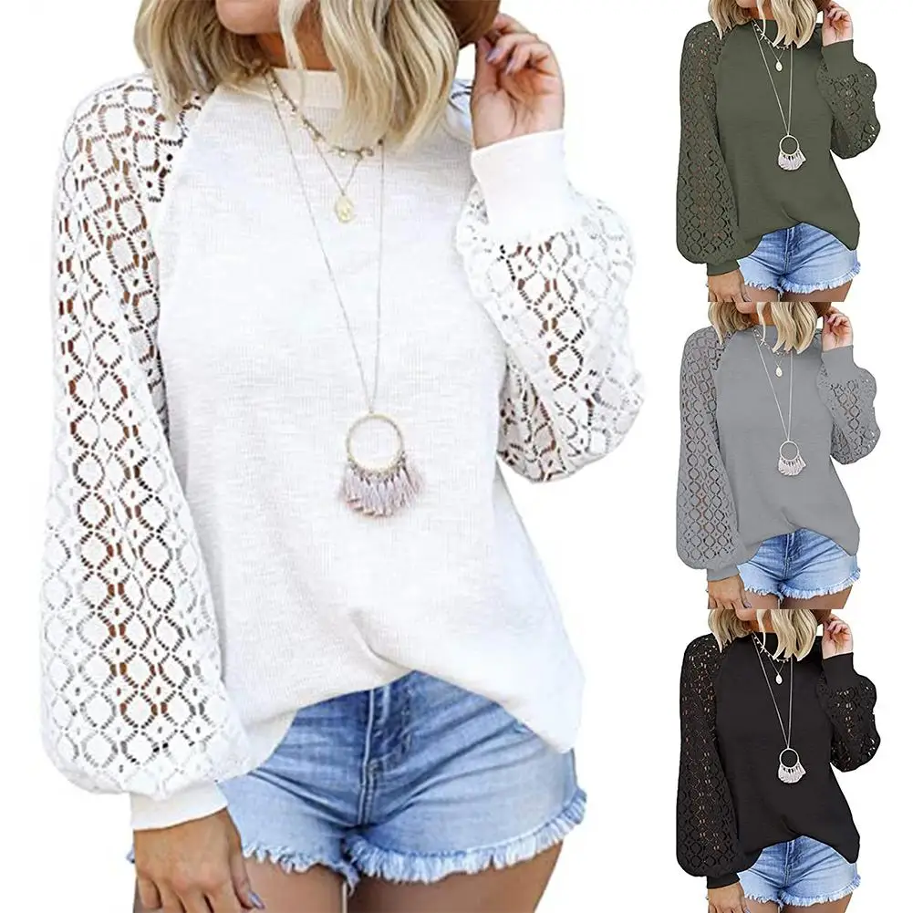 

Stylish Women Hollow Out Lace Patchwork Puff Sleeve Loose Blouse Shirt Pullover Women clothing блузка женская ropa de mujer 2020