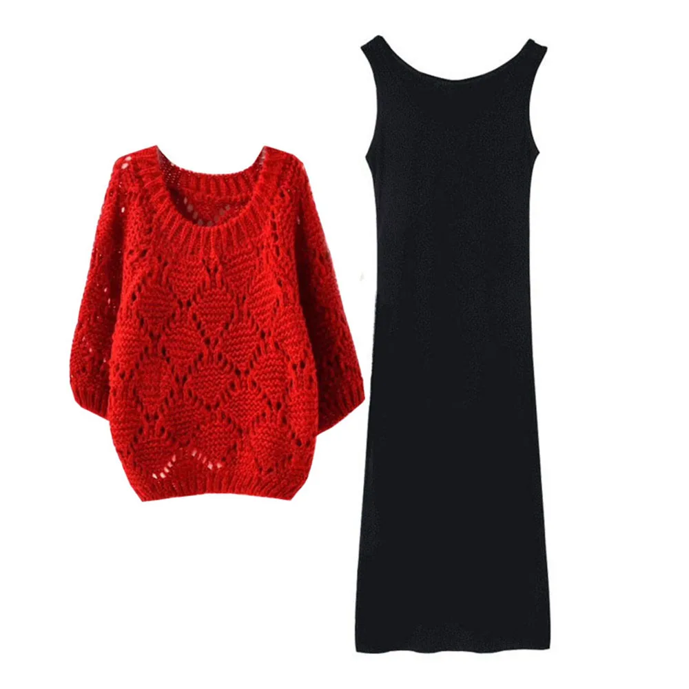 Женский трикотажный свитер красный и черный повседневный комплект из двух