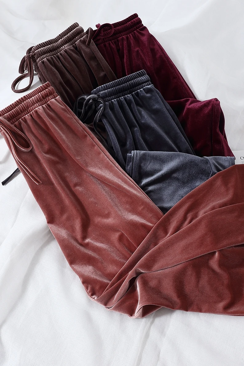 

2020 Pleuche Autumn Winter Trousers Gold Velvet Floor Length Pants Women Casual High Waist Pants Bell Bottom Wide Leg Pants