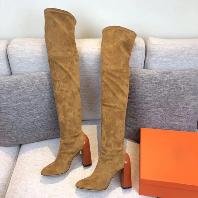 

With Logo Autumn And Winter Women Shoes Solid Color High Heels Thick Heel Round Toe Elasticity Long Boots Over the Knee Boots