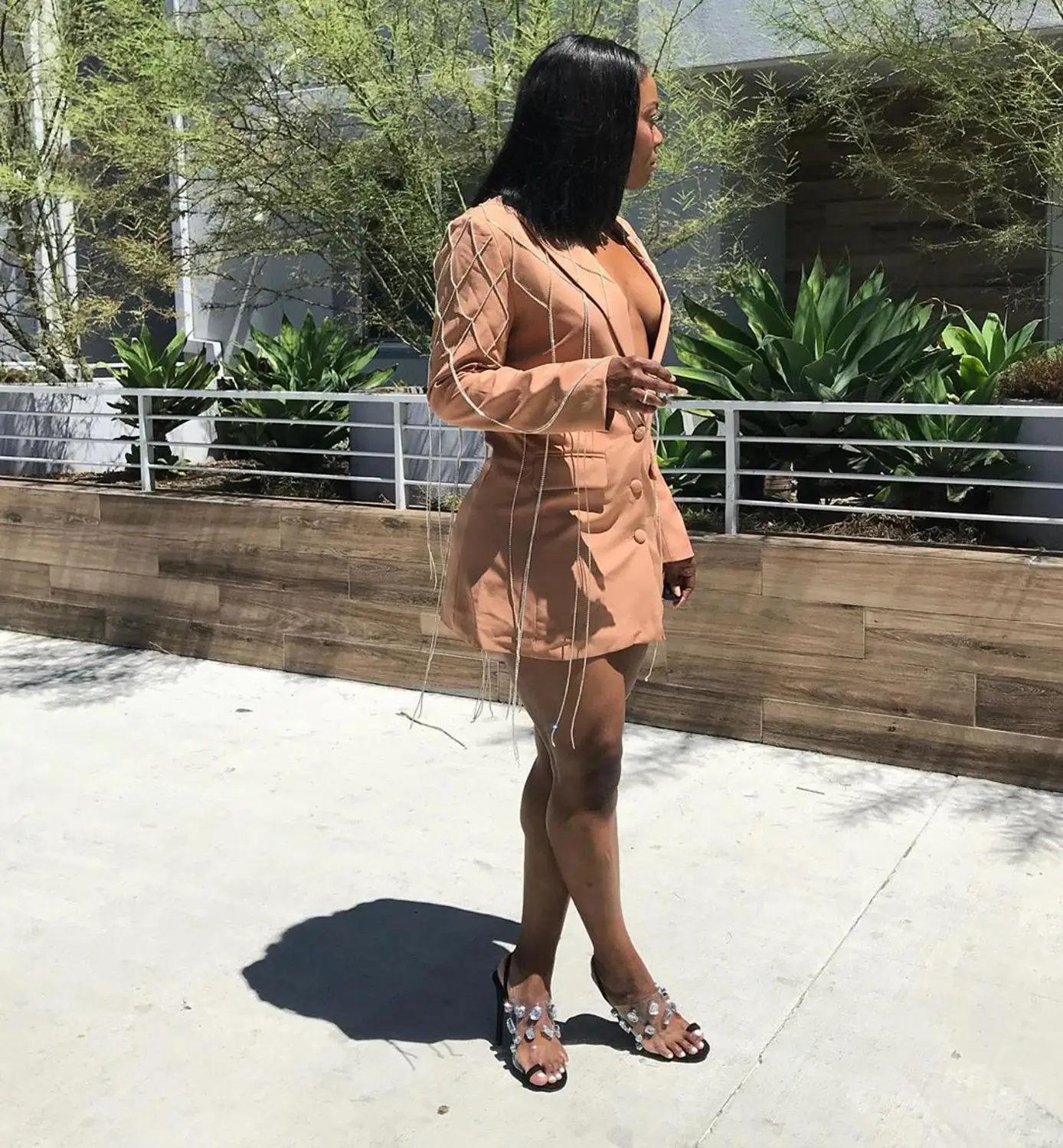 

Ringer Tassel Casual Suit Coat Turn Down Collar Single Button Full Sleeve Sexy Deep V Women Black Club Trench Streetwear Jacket