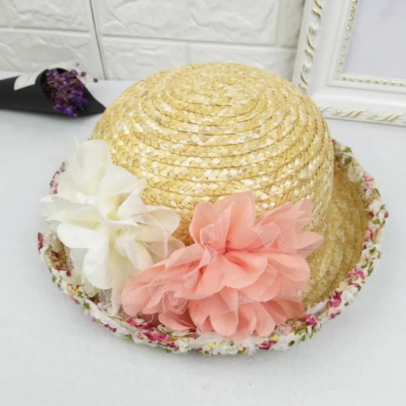 

Summer Women's Sun Hat Bucket cap Bowknot Flowers Flat Top Straw Hat Beach Caps Panama