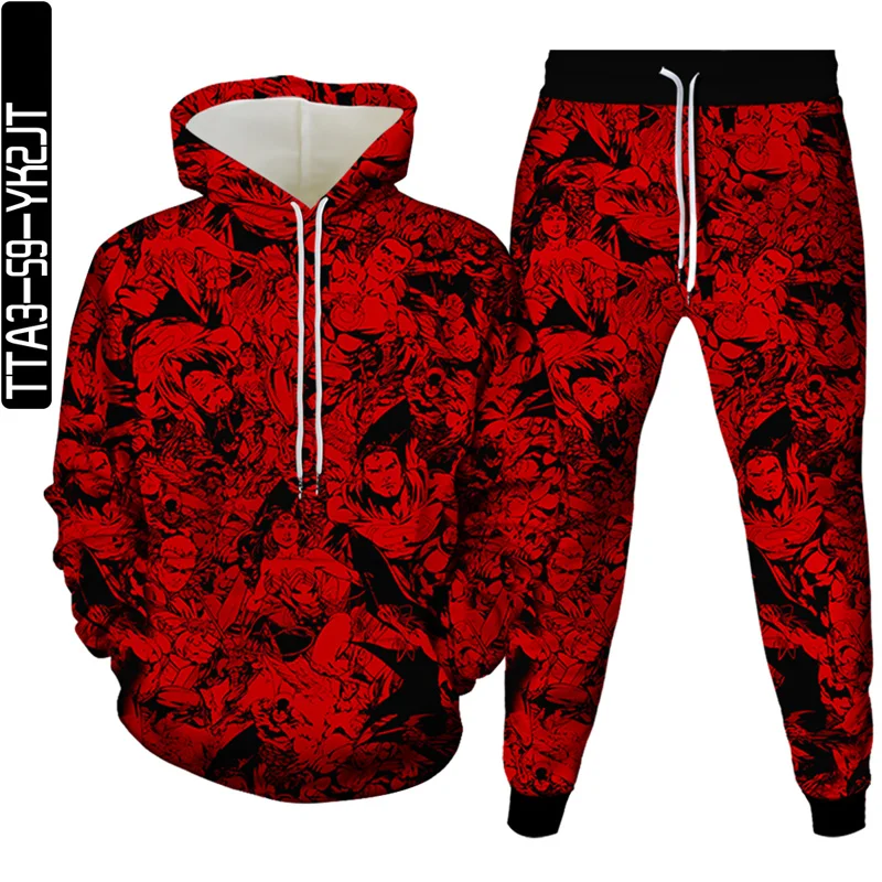 

Spring and autumn new red and black color matching printing 3D hoodie + sweatpants two-piece men's hoodie men's and women's tops