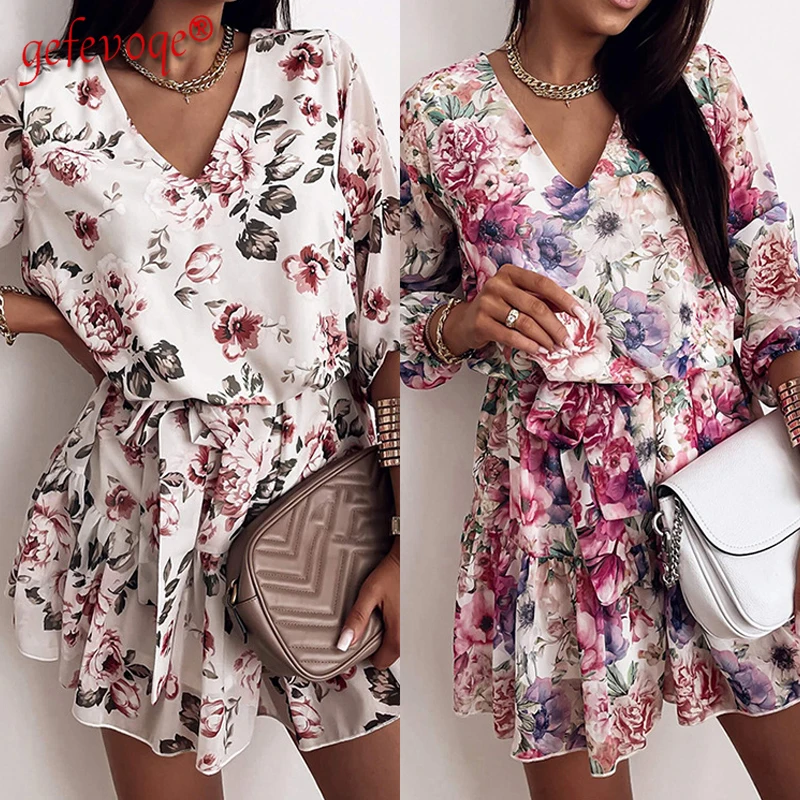 

2021 Trending Dresses for Women Spring Summer V Neck Floral Print Ruffle Casual Party Beach Robe Femme Vestido A Line Mini Dress