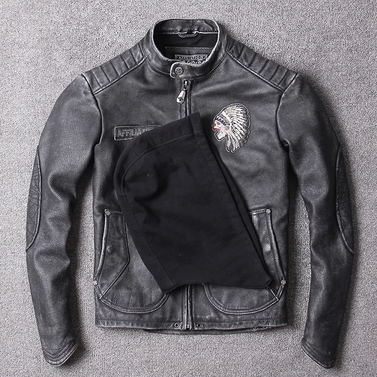 Мужская винтажная байкерская куртка из натуральной кожи серая приталенная