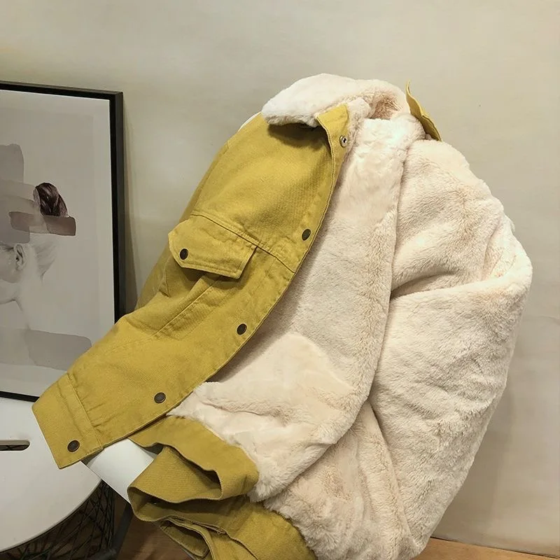 

Плюшевые женские зимние ковбойские куртки Nice Pop, плотные теплые джинсовые пальто оверсайз желтого цвета, уличная одежда, водонепроницаемая ...