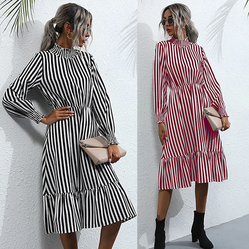 

Vintage Striped Ruffle Women's Dress Casual Stand Collar Long Sleeve Elastic Waist Dress Female Elegant A Line Midi-Length Dress