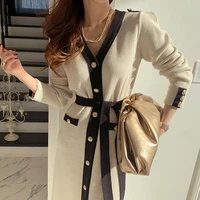 chic apricot knit dress women spring 2022 single breasted clothing v neck korean golden button vestidos mujer sweater dresses ol