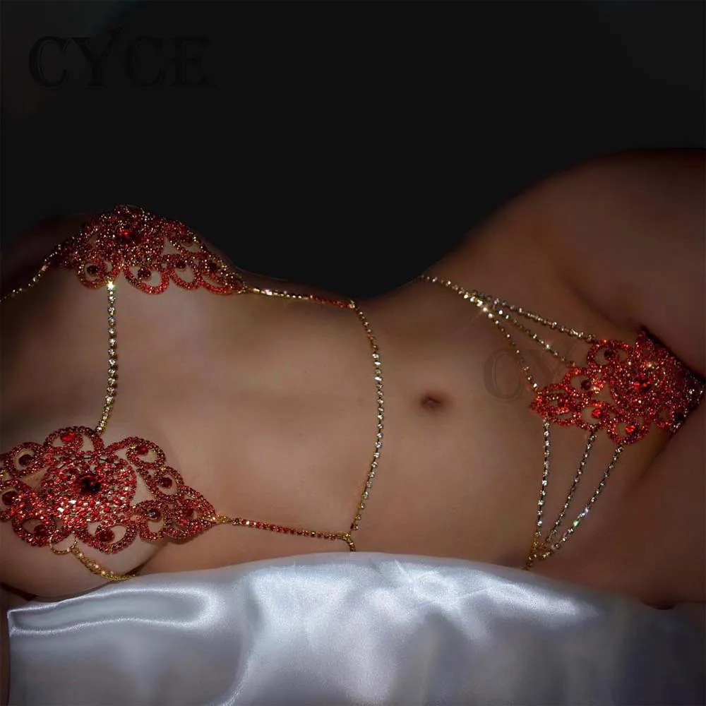 

2021 Trend Rhinestone Flower Body Chain Set Red Crystal Shiny Sexy Bikini Body Jewelry For Women Bra Breast Chain And Thong Set
