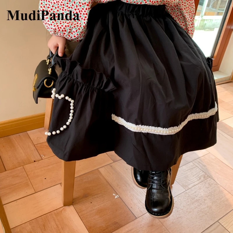 

Baby Girls Princess Clothes Black Irregular Ruffle Skirt with Pearl Toddler Children's Clothes Kids Long Tutu Skirts