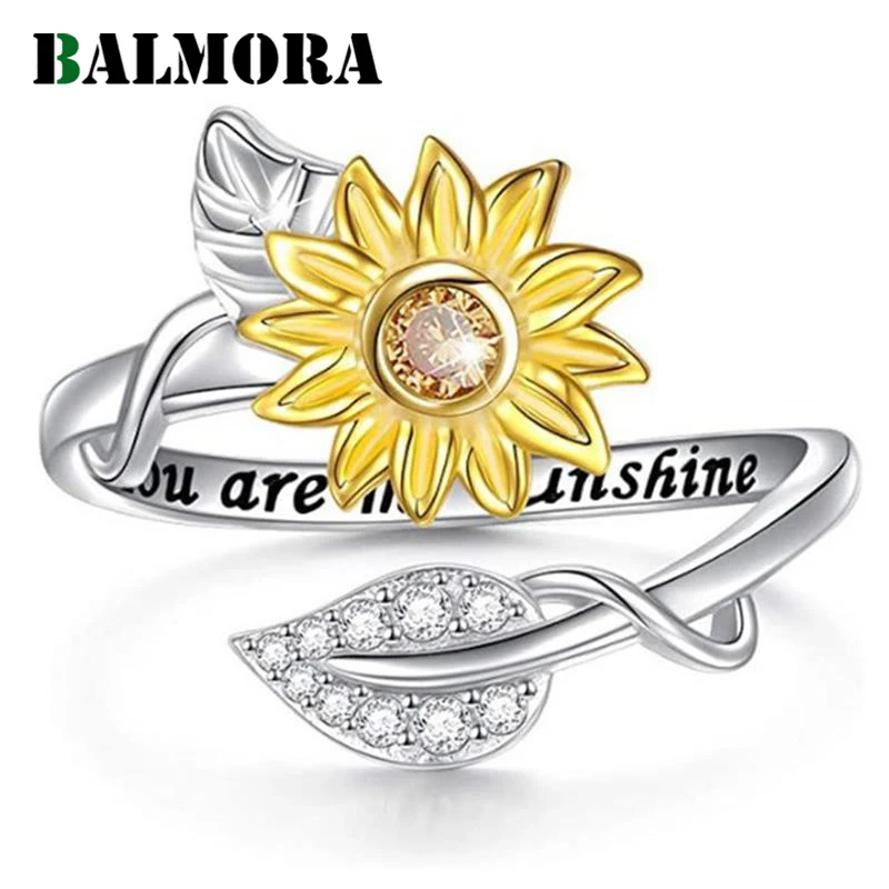 Кольцо женское из золота Подсолнух маргаритки пробы BALMORA регулируемое с надписью