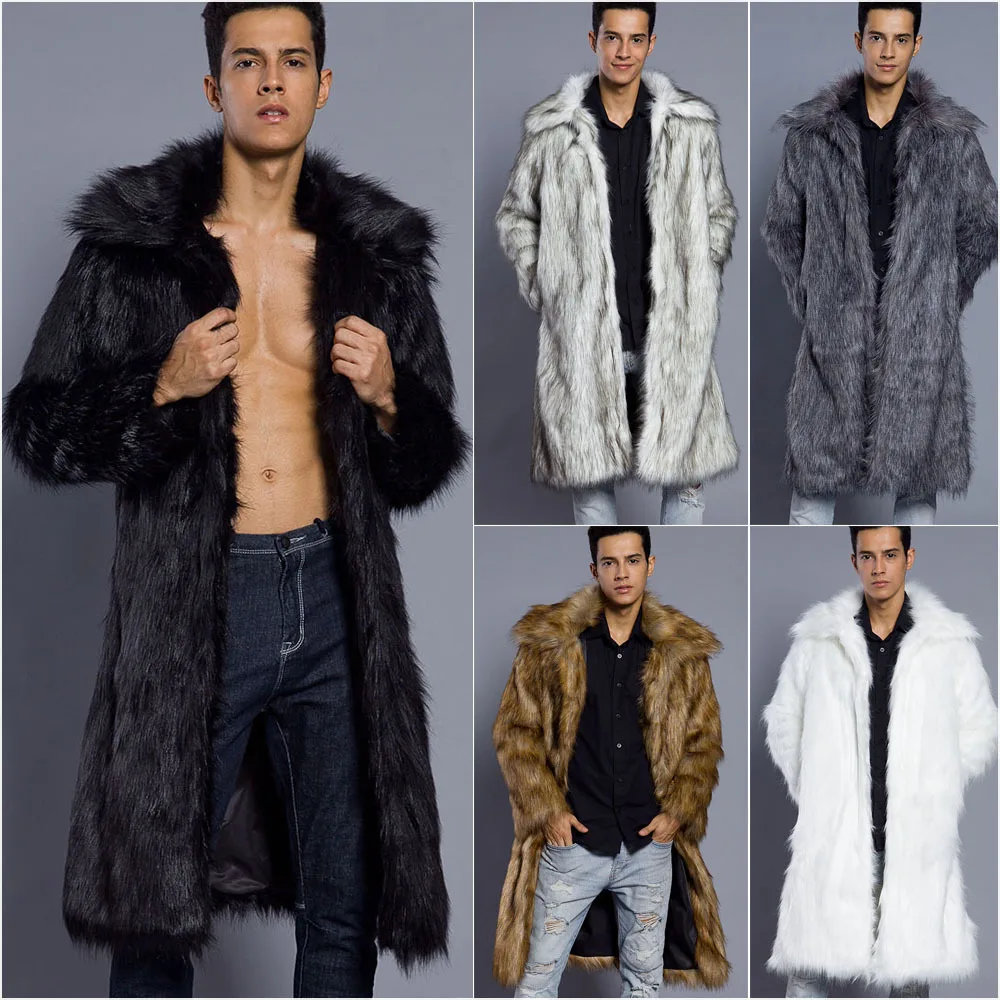 Men Faux Fur Coat Autumn Winter New Men's Lapel Collar Faux Fur Long Coat Men Fashion Cold Resistance Warm Faux Fur Coats