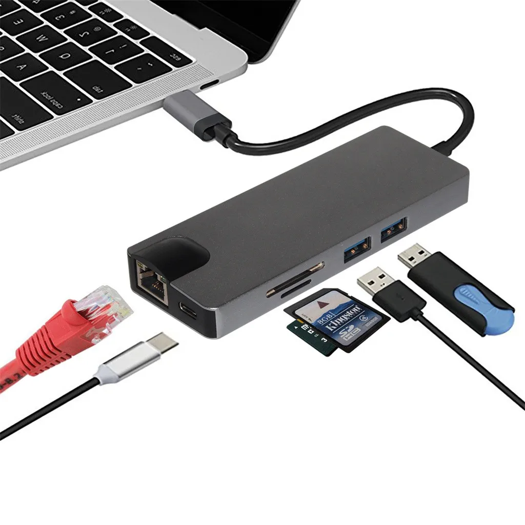 Ouhaobin Type C 8 в 1 концентратор для Hdmi 4k Rj45 адаптер Micro Sd Tf кард ридер Usb c Otg ПК|USB-хабы| |