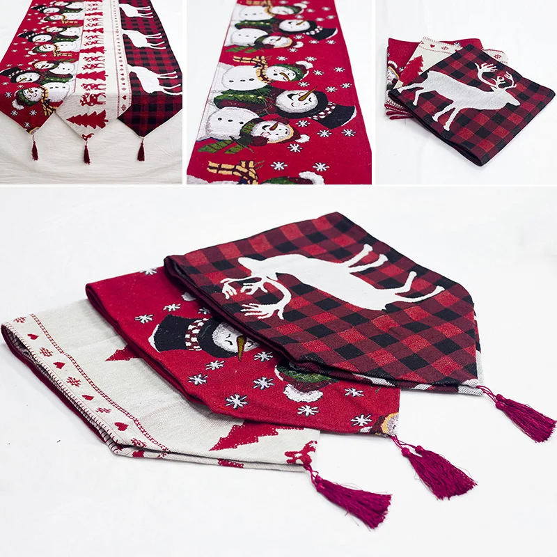

1pc Christmas Table Runner Embroidered Tablecloth Cloth Cover Christmas Tree/Elk/Snowman Home Coffee Table Decor New Year Gifts