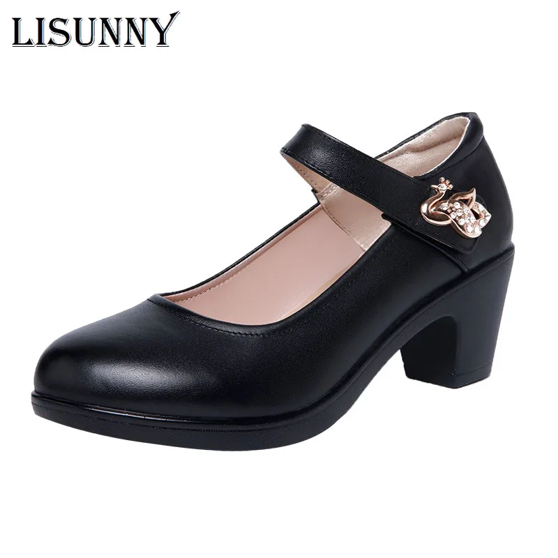 

Женские кожаные туфли LISUNNY, туфли-лодочки с круглым носком, на платформе и высоком каблуке, черные и белые, большие размеры 33-43