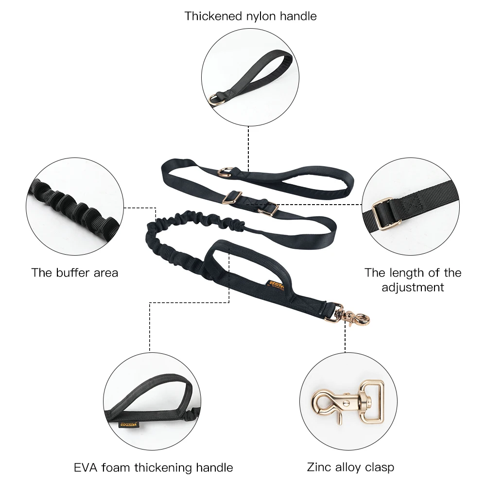 EXCELLENT ELITE SPANKER Tactical Bungee Dog Leash Military Adjustable K9 Elastic Leads Rope with 2 Cont |