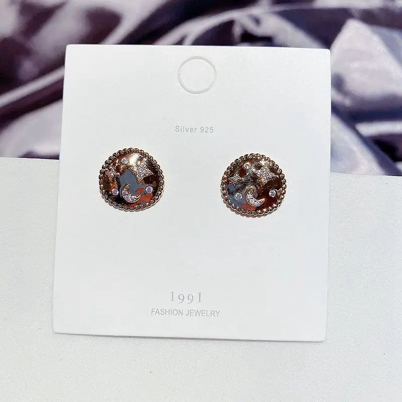 

Korea 14K Real Gold S925 Silver Earrings for Women Exquisite Temperament Zircon Stars and Moon Irregular Round Earrings Jewelry