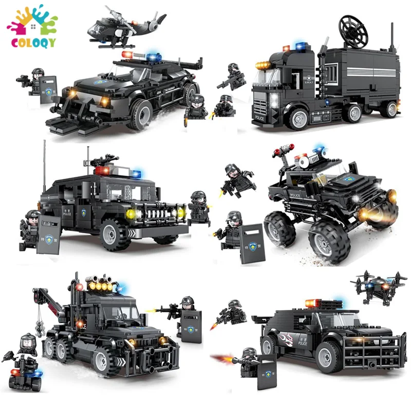 

Kids Tosy Black Pull Back SWAT Car Building Blocks Policeman Helicopter MIni Action Figures Bricks Toys For Boys Christmas Gifts