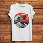 The Great Wave off Kanagawa in moon Винтажная Футболка Ukiyoe мужская белая Повседневная футболка с короткими рукавами унисекс уличная одежда