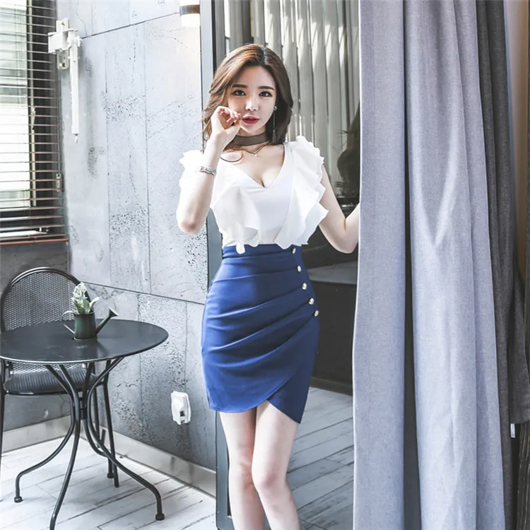 

Fashion Dress 21 Solid Color Summer Korean Sexy Casual Female Slim Fit Stitching Ruffled Sleeveless V-neck Irregular Short Skirt