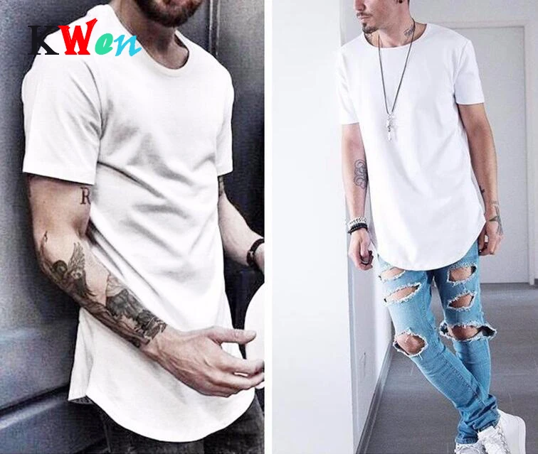 Свободная футболка однотонная Повседневная мужская с изогнутым подолом Длинная