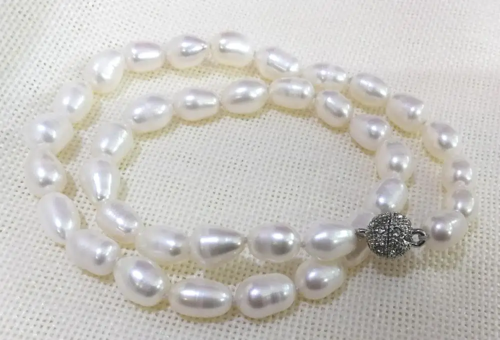 

9mm white oval rice real pearl necklace magnet clasp natural freshwater pearl Woman Jewelry 35cm 14'' 43cm 17''