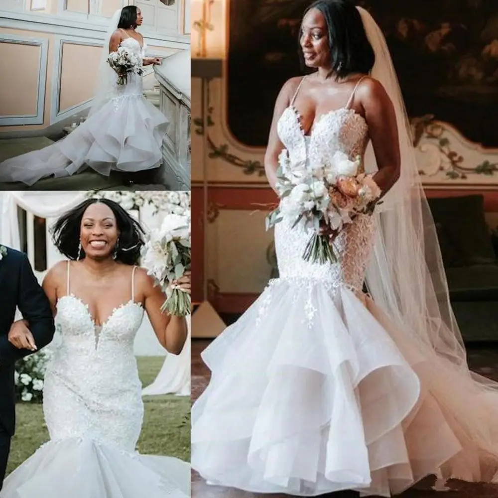

Gorgeous Lace Mermaid Wedding Dresses plus size Tiered Ruffles Spaghetti Strap Bridal Party Gown Custom Elegant Wedding Gowns