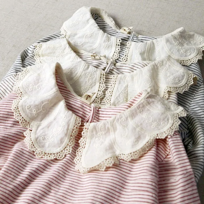 Полосатая Вышивка с оборками воротник хлопок длинный рукав футболка