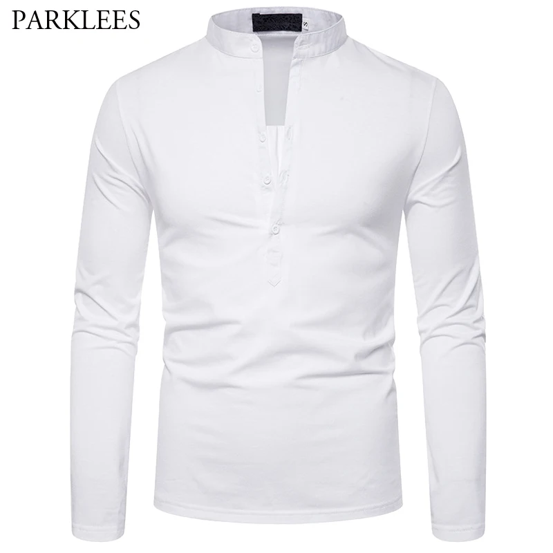 Мужская хлопковая рубашка с воротником стойкой однотонная Повседневная