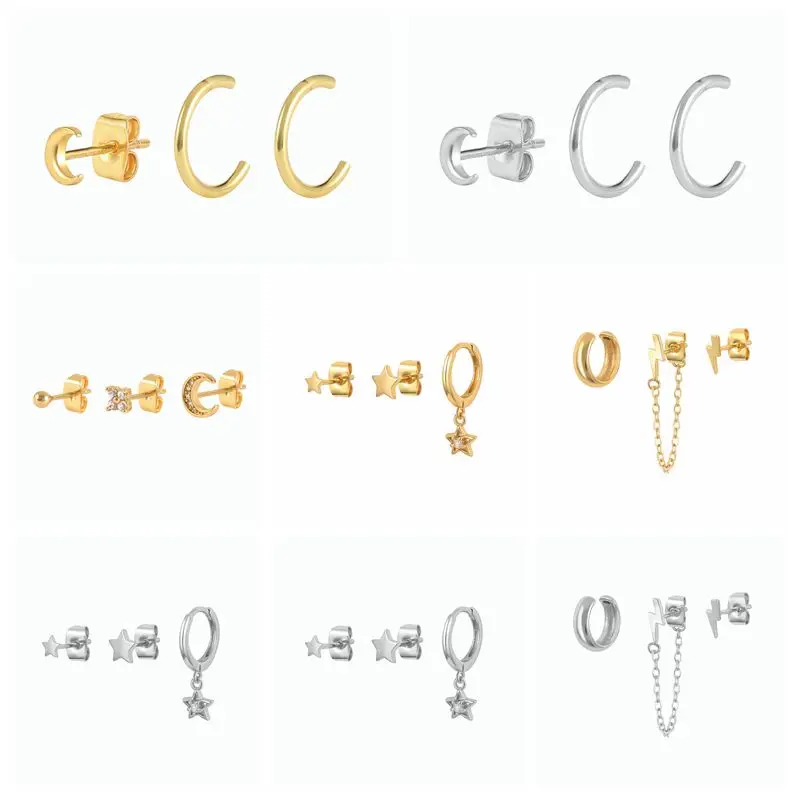 

MC 3PC Stud Earrings Set Women Girls INS Exquisite Star/Moon Zircon Earrings/Clip Party Piercing Jewelry