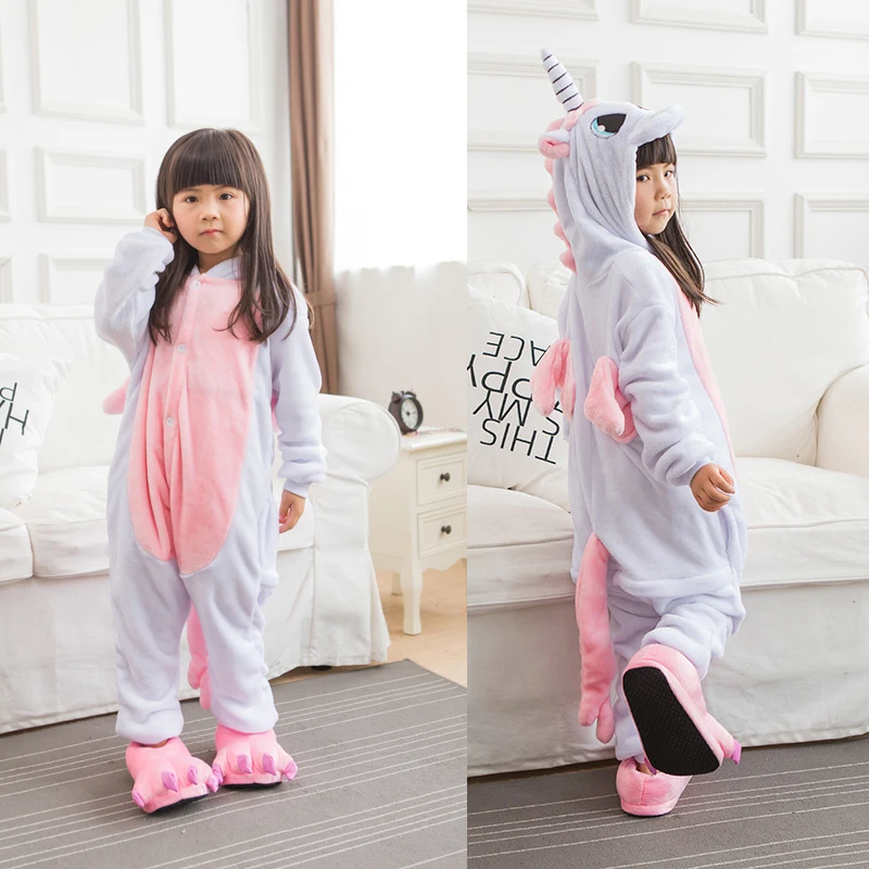 Flannel animal Children Pajamas Set Winter Hooded Animal Unicorn Cartoon Kids For Boys Girls Sleepwear Onesies | Мать и ребенок