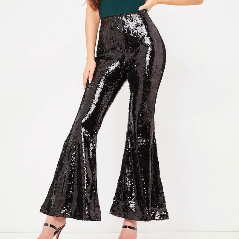 

Sexy Nightclubs Perspective Sequins Trumpet Trousers Beading Flare Pants Low Transparent Stage Dance Show Performance Party Pant
