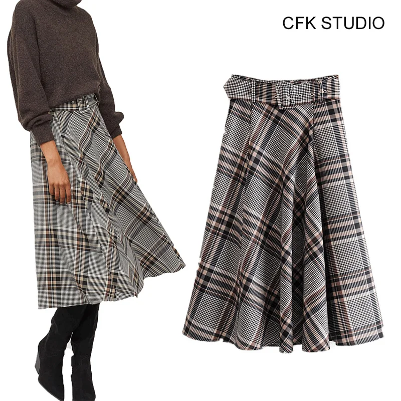 Женские миди юбки 2019 Новая мода плед Печатный пояс Высокая талия элегантные