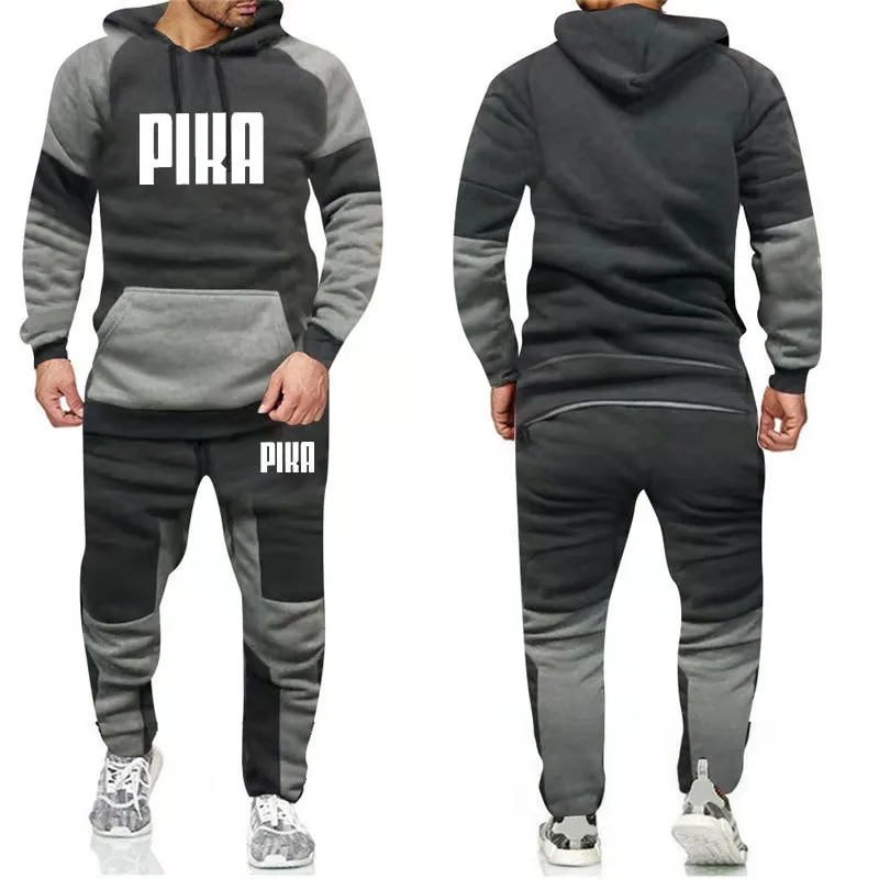 

2020 cross-border autumn and winter new stitching plus velvet men's sweater tide brand printed sports and leisure suit