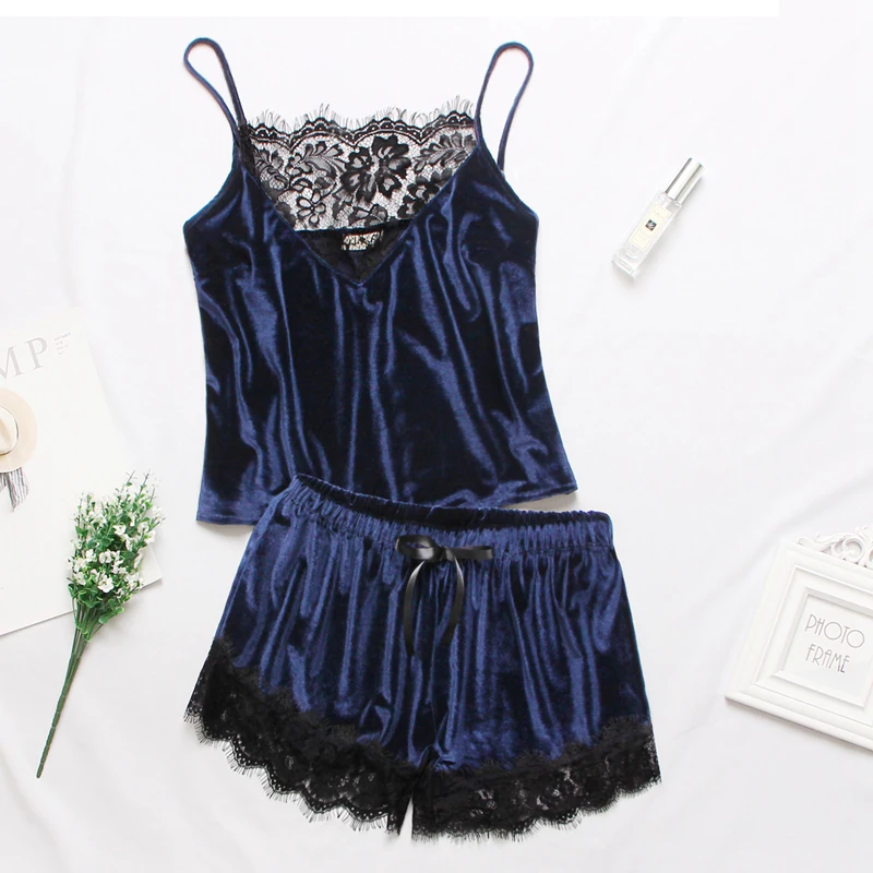 Navy Blue Сексуальные бархатные шорты, пижамный комплект, лето, Женская кружевная Пижама на бретельках, без рукавов, пижама, повседневная одежда для сна, пижамные комплекты - Цвет: Navy Blue