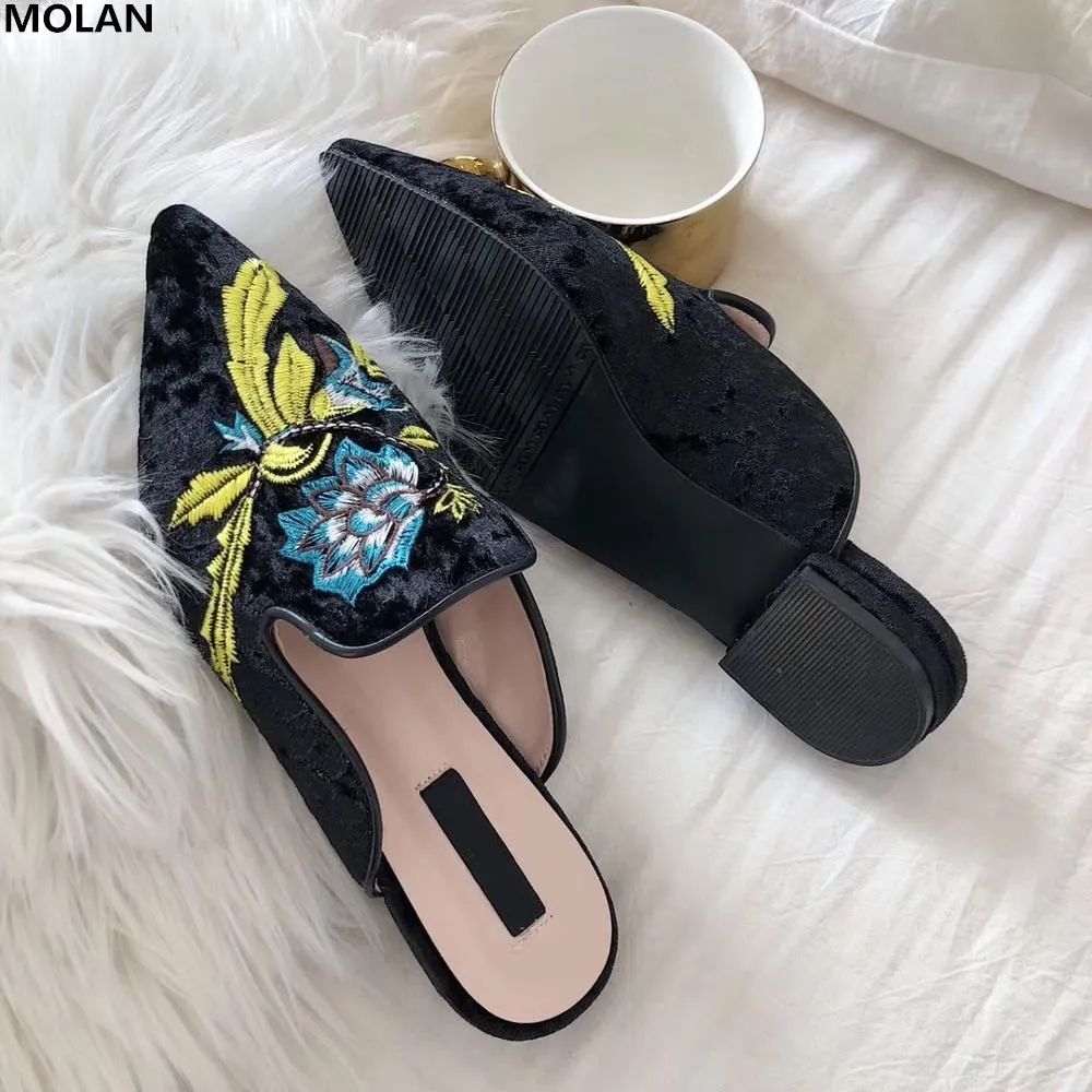 Женские бархатные шлепанцы MOLAN брендовые дизайнерские без застежки с цветочной