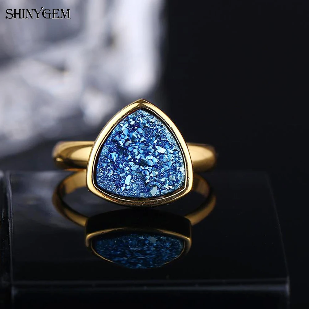 ShinyGem New Triangle Mineral Crystal Earrings Ring Party Jewelry Set Golden Sparkling Druzy Natural Stone For Women | Украшения и