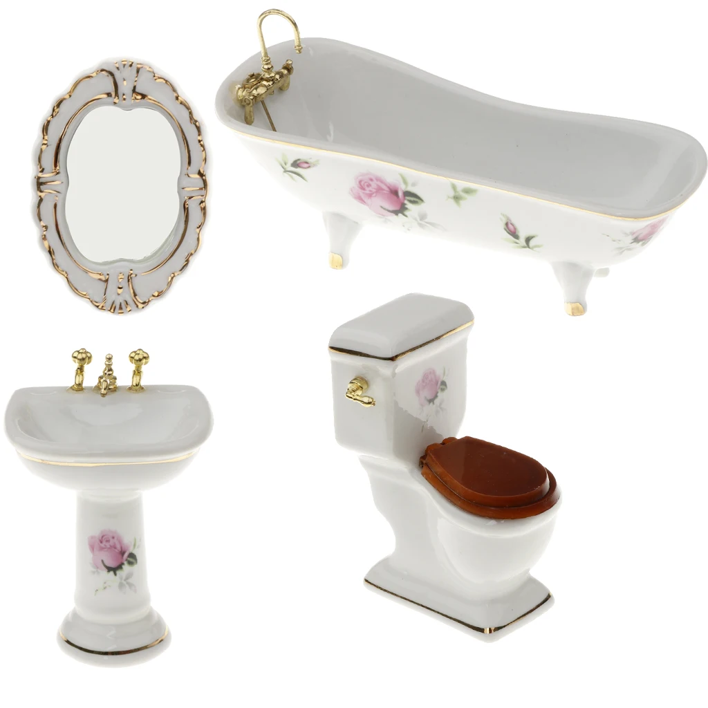 

4pcs 1/12 Dollhouse Miniature Bathroom Furniture Kits Bathtub Toilet Set #5