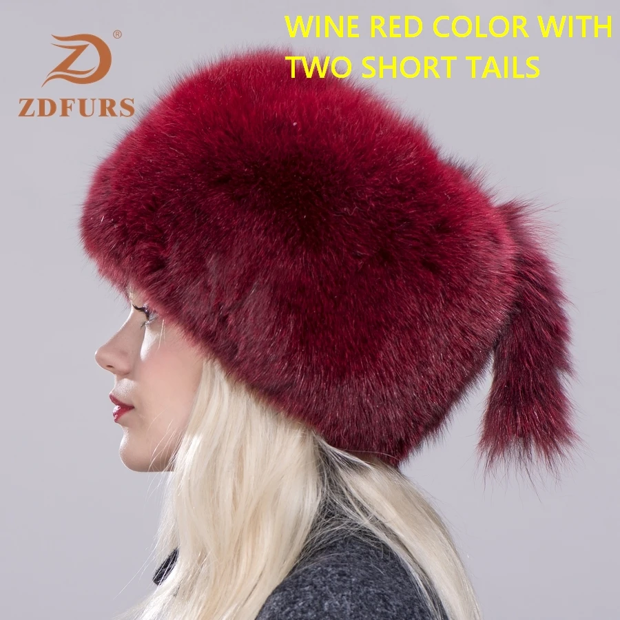 ZDFURS* Женская русская ушанка Авиатор Охотник лисий мех бомберы шапка натуральный Лисий мех шапки купол монгольская шапка - Цвет: wine red 2 tails