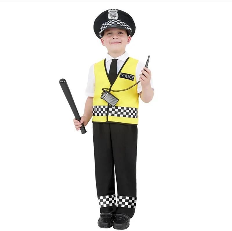 زي شرطة الأطفال ، زي شرطة شرطة شرطة المرور ، سترة وقبعة ، زي فاخر للأطفال من سن 3 إلى 9 سنوات