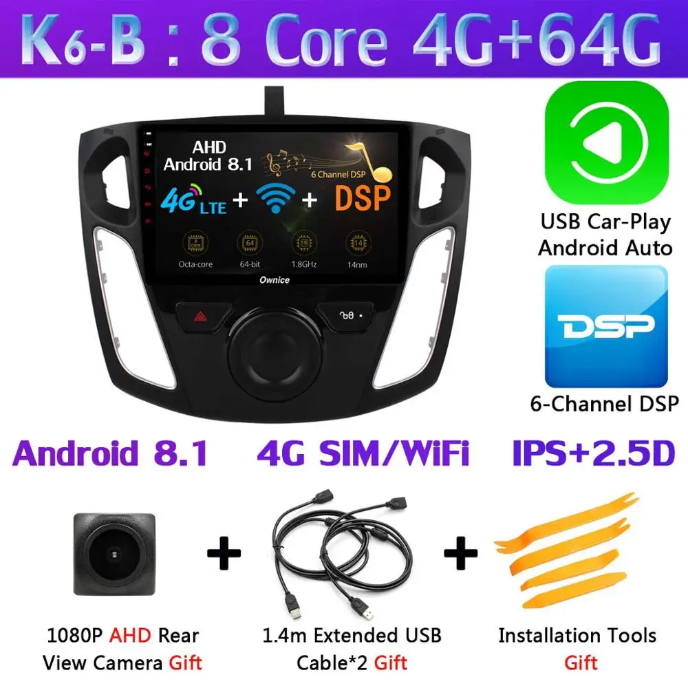 360 ° панорамная камера 4G SIM Android 9,0 4+ 64G gps навигация Радио CarPlay DSP Автомобильный мультимедийный видео плеер для Ford Focus 3 Mk3 - Цвет: K6-B-CarPlay