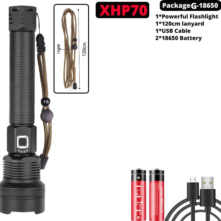 Package G-XHP70 XHP70.2 XHP90 USB Перезаряжаемый светодиодный светильник-вспышка XHP70 мощный фонарь супер водонепроницаемый охотничий светильник с зумом 18650 или 26650 Battey - Испускаемый цвет: Package G-XHP70