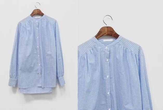 Рубашка в синюю клетку с круглым вырезом летняя Женская Повседневная белая