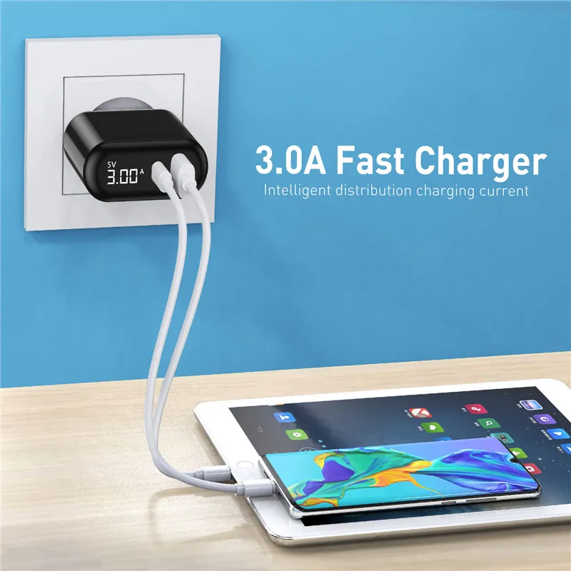 

LED Digital Display PD C USB Charger 18W 3A Quick Charge 3.0 Mobile Phone Charger For iPhone Samsung Xiaomi Fast Wall EU US Plug