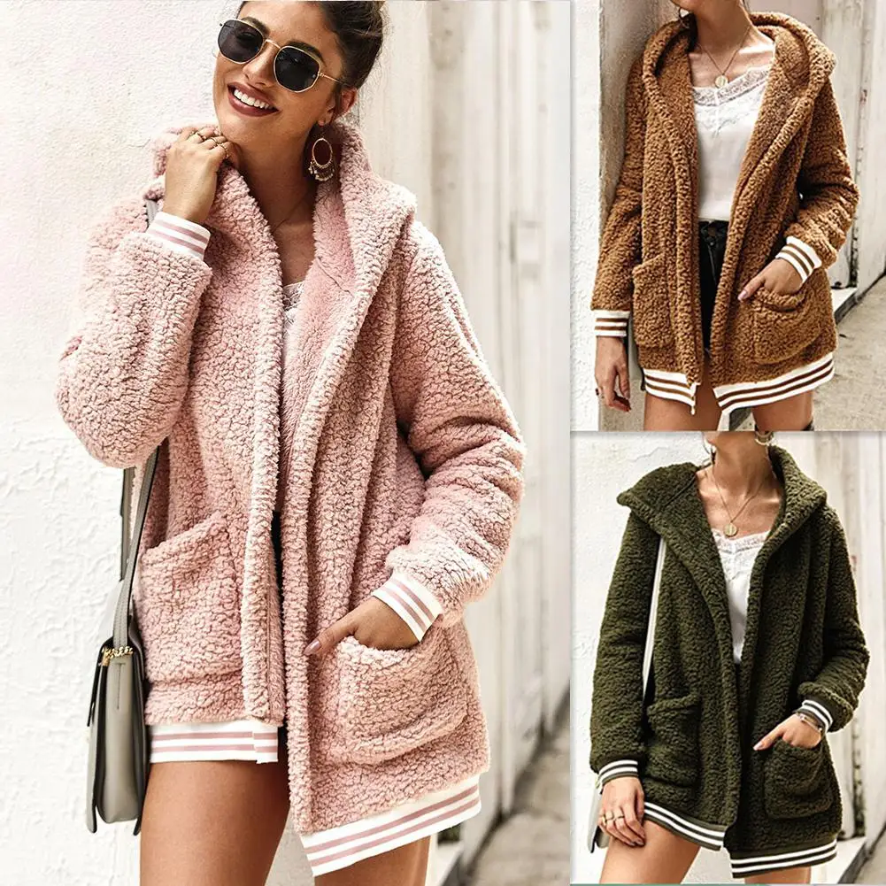 Зимний свободный Одноцветный полосатый толстый искусственный мех с капюшоном