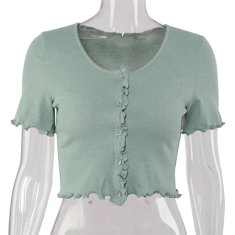 

Women's summer INS new solid color ribbed navel wave short-sleeved button T-shirt top women