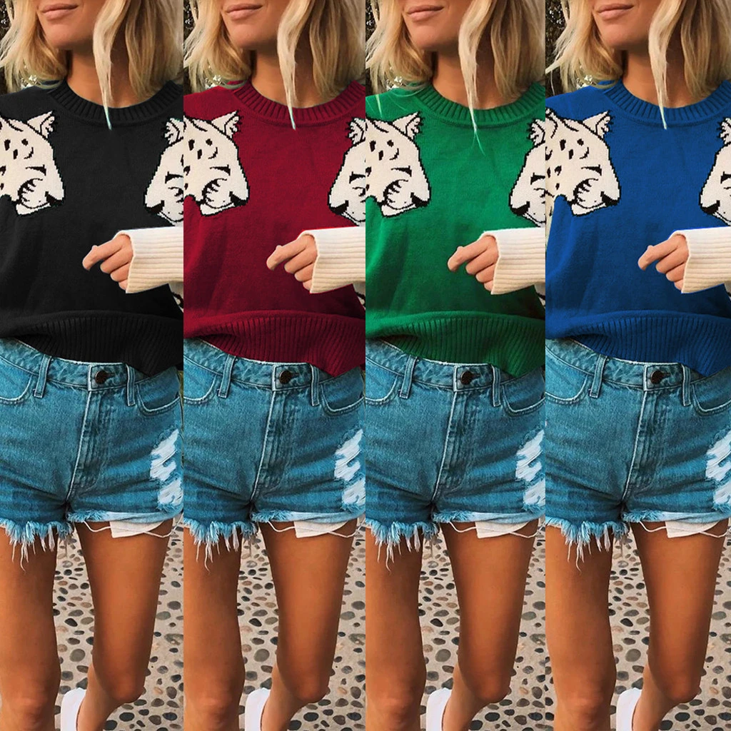 CHAMSGEND Женский вязаный пуловер в стиле пэчворк с леопардовым принтом Повседневный